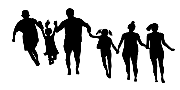 Silhouette of six people jumping while holding hands.