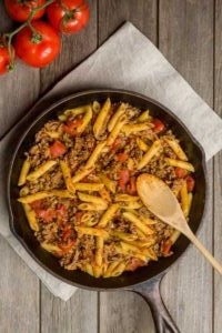 A skillet of Chili Tomato Beefy Mac.