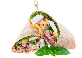 Two halfs of a wrap, stacked on top of one another.