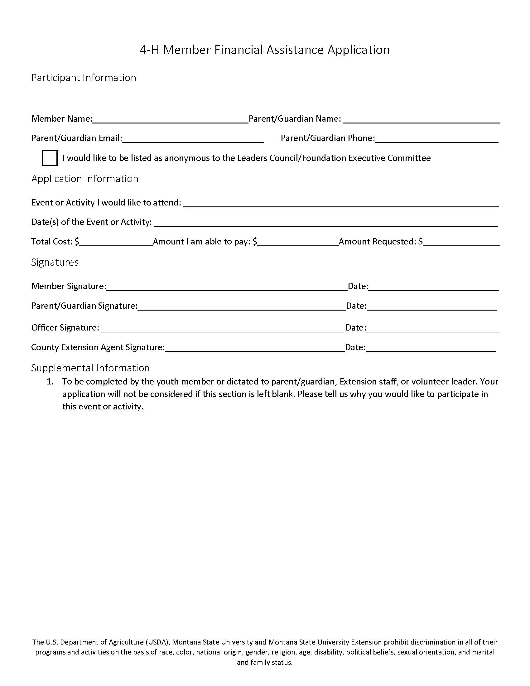 Page one of the 4-H Member Financial Assistance Application