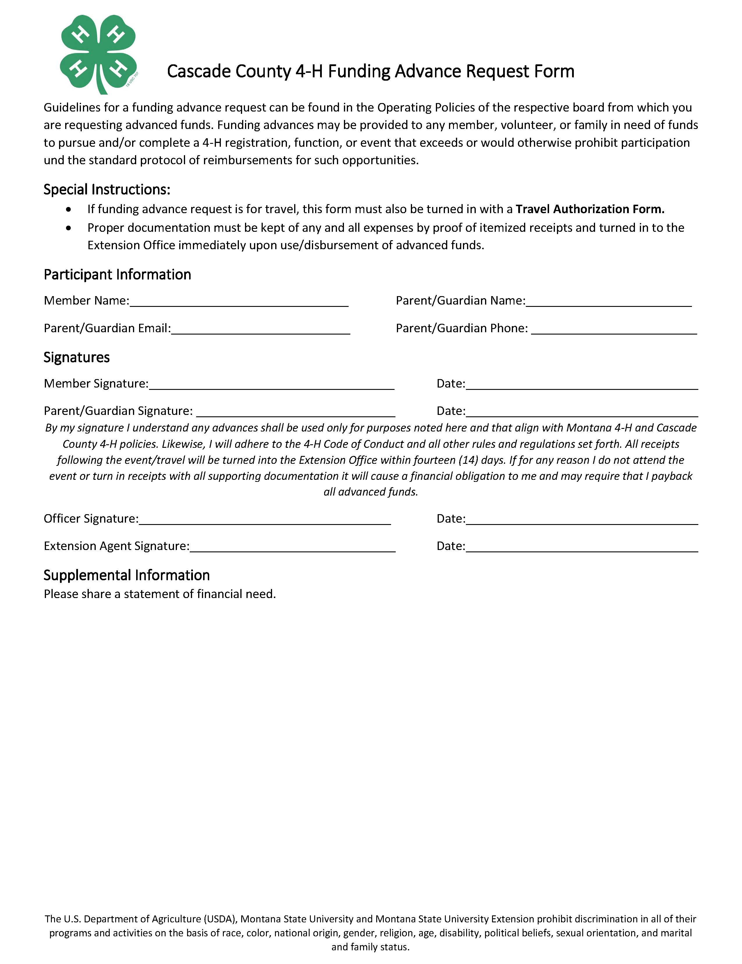 Image of the funding advance request form