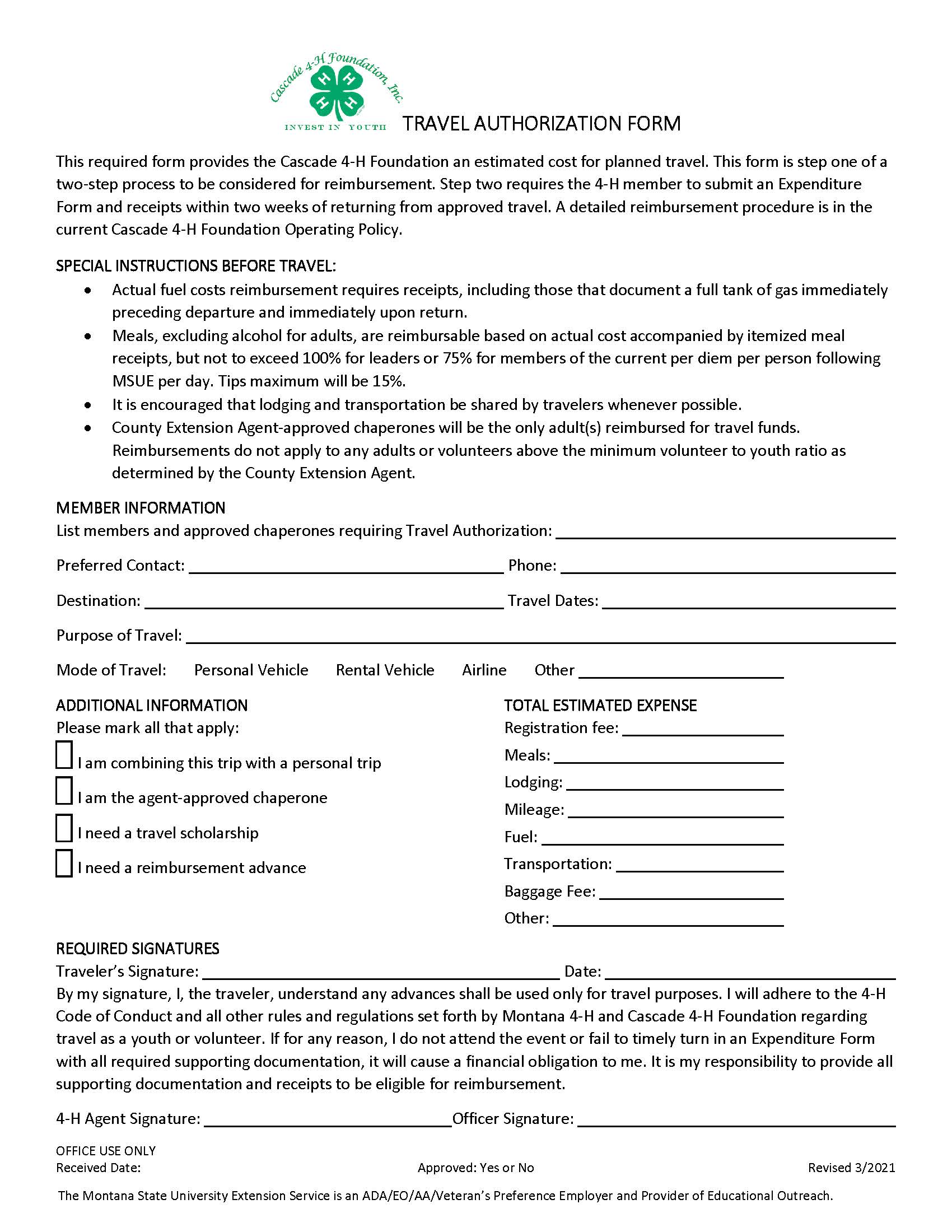 Picture of the downloadable Travel Authorizaiton form.