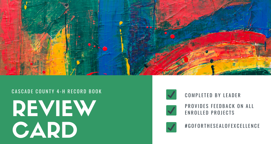 Top half of picture is Blue, Green, Red, and yellow abstract painted strokes and spatters on fence, Cascade County 4-H Record Book Review Card in lower left half corner written in white on a green background, lower right righ half corner has a green checked boxes beside each line of "Completed by Leader", "Provides Feedback on all enrolled projects", and "#goforthesealofexcellence" 