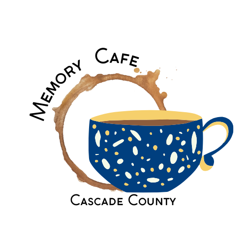 Blue and yellow cup with white and yellow spots full of coffee with a coffee ring in the background. Text Memory Cafe archs over the top of the ring and Cascade County in below the cup