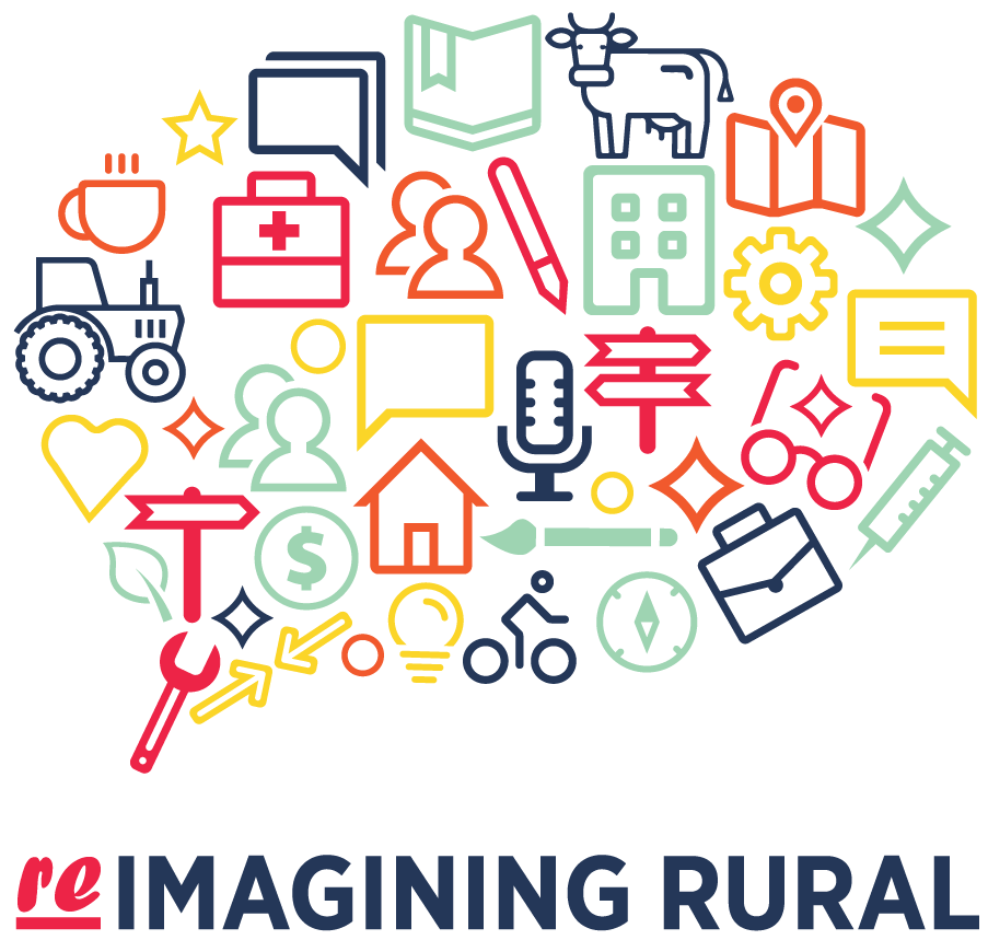 Reimagining Rural with colorful thought bubble filled with rural related icon images
