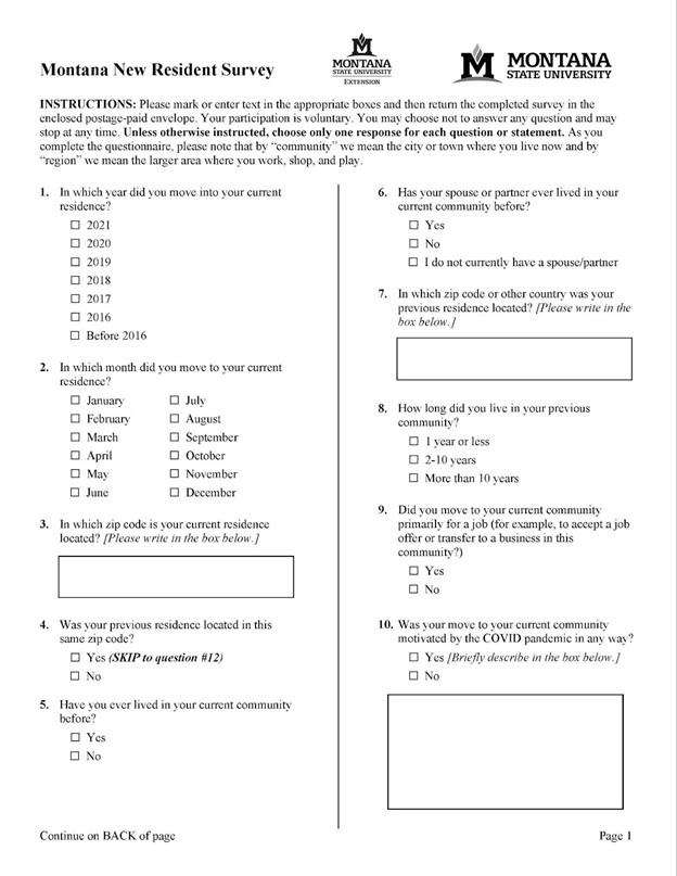 Page 1 Montana New Resident Survey