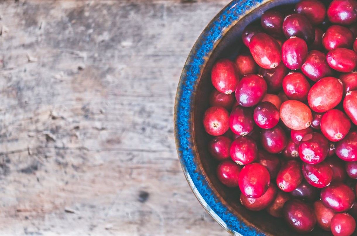 bowl of red cranberries in blue bowl on aged wood