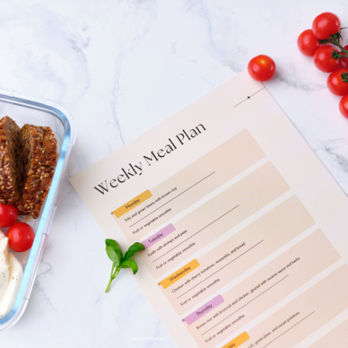 Photo displaying a paper that reads "Weekly Meal Plan" surrounded by fresh fruits and vegetables.