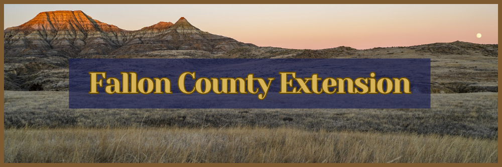 Landscape photo of Eastern Montana plains and hills with the words Fallon County Extension written across