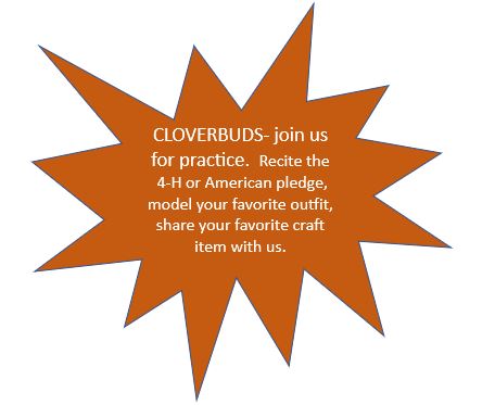 Orange star with Cloverbuds-join us for practice. Recite the 4-H or American pledge, model your favorite outfit, shoare your favorite craft item with us. inside the star