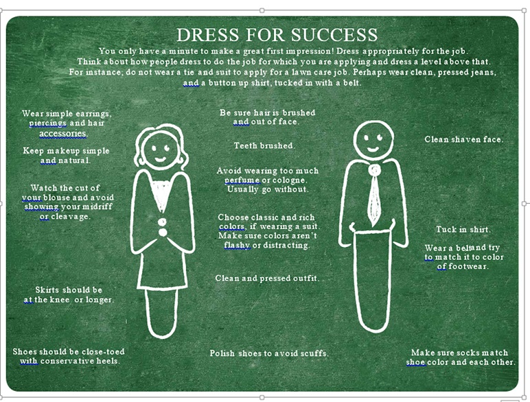 Clip art of a man and a woman with in structructions on how to dress for success