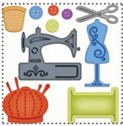 clip art of a sewing machine with buttons, scissors, sewing bodice, pin cusion, and bobin
