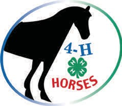 Picture of solid black partial horse with 4-H clover and words 4-H Horses