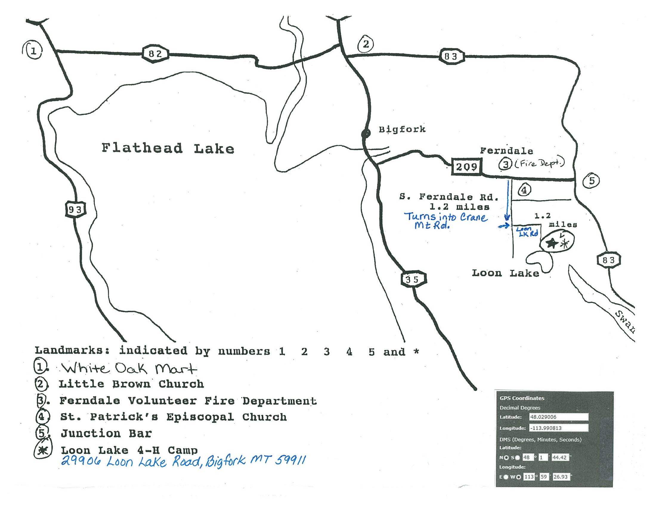 image of a map to the Darrell Fenner Loon Lake 4-H Camp