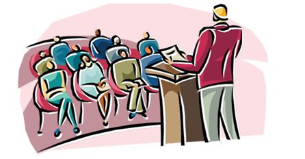 clip art of a man speaking from a podium to a group of people