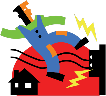 clip art of a man slipping in front of electrical box with wires and electrical bolts coming out of the box with a house in the background