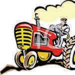 Man on a red tractor with smoke puffing out