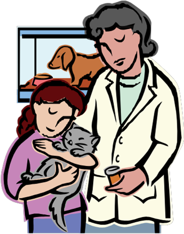 picture of a Veterinarian with a girl holding her cat with a dog in the background