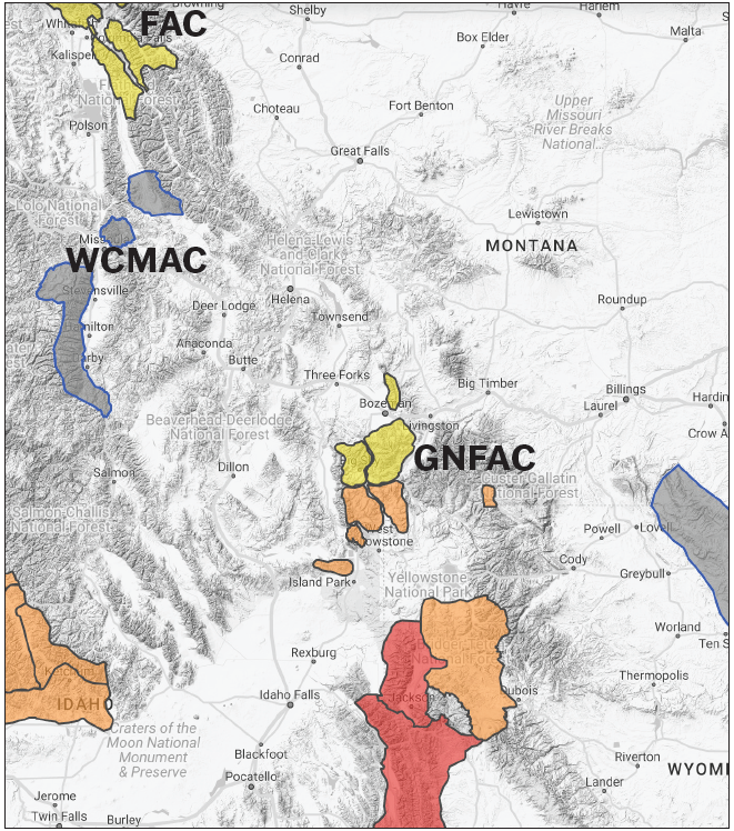 Map showing some terrain covered by the three Montana avalanche forecast centers with color overlays reflecting avalanche danger levels from red to yellow.  