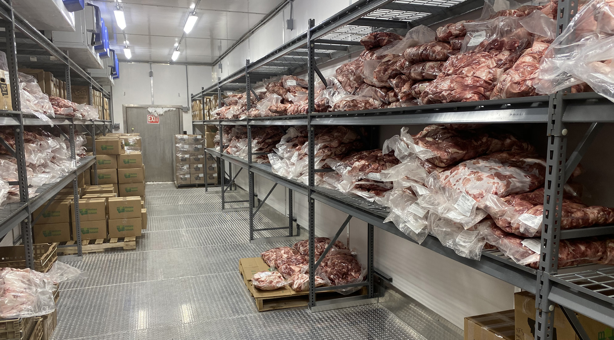 vaccuum sealed packages of meat fill the metal shelves of a large walk-in freezer
