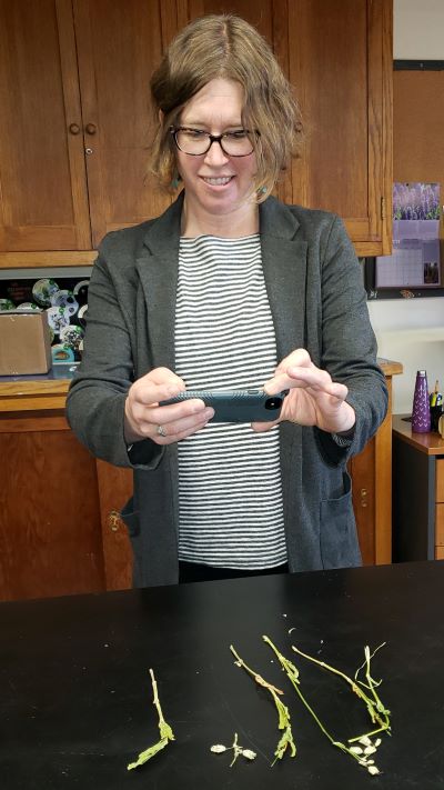 Woman pointing smartphone at flowers on lab bench.
