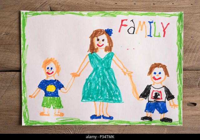 Child's hand drawing of mother and children
