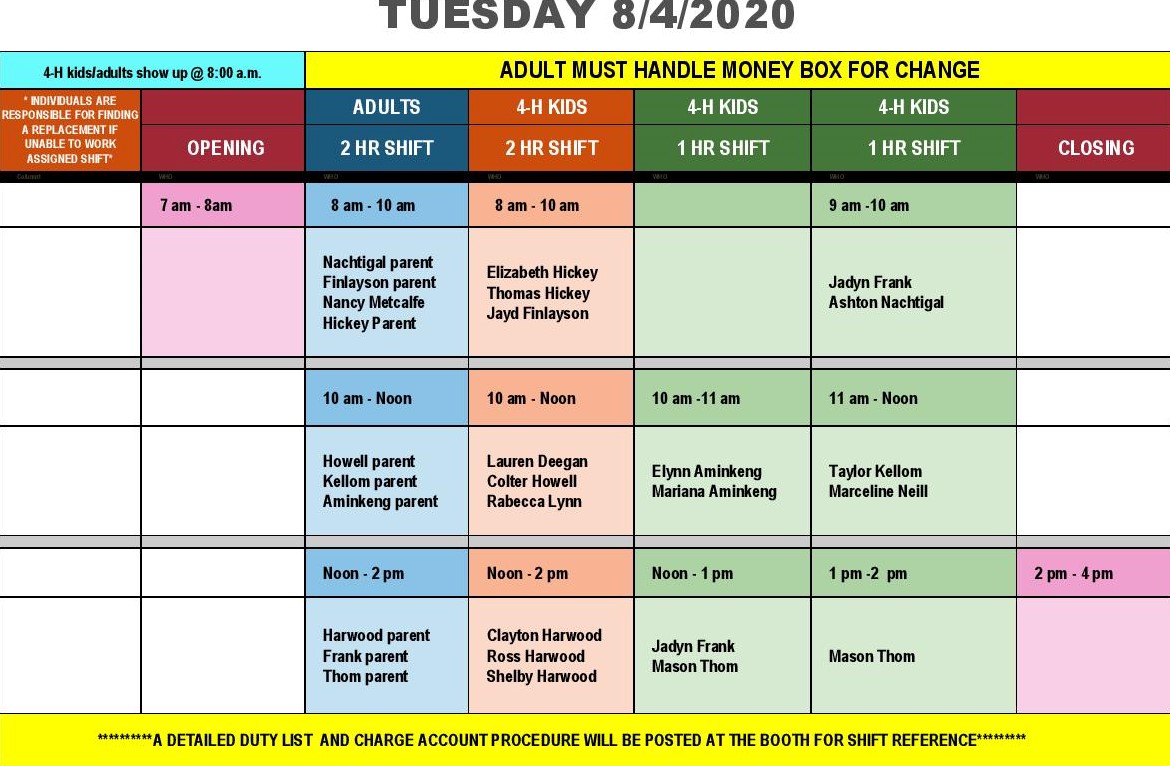 Tuesday Food Booth Schedule