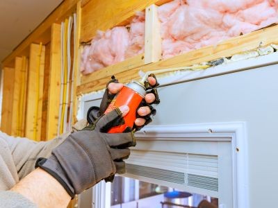 a person holds a can of spray foam above a doorframe with exposed studs and insulation visible on the surrounding wall.