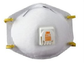 Respirator 1: Photo of a simple white facemask with a plstic square on the front
