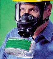 Photo of person wearing a full face breathing mask for protection against a harmful atmosphere