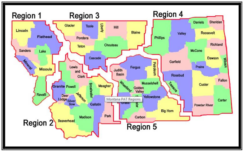 Montana map broken into five P A T districts, listed below