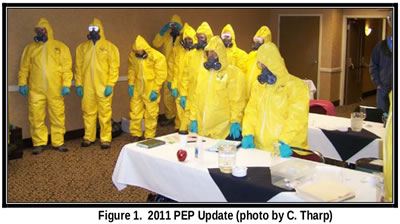 group in yellow PPE suits. captioned: figure one 2011 PEP update
