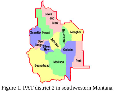 Map highlighting counties in P A T District 2, detailed below
