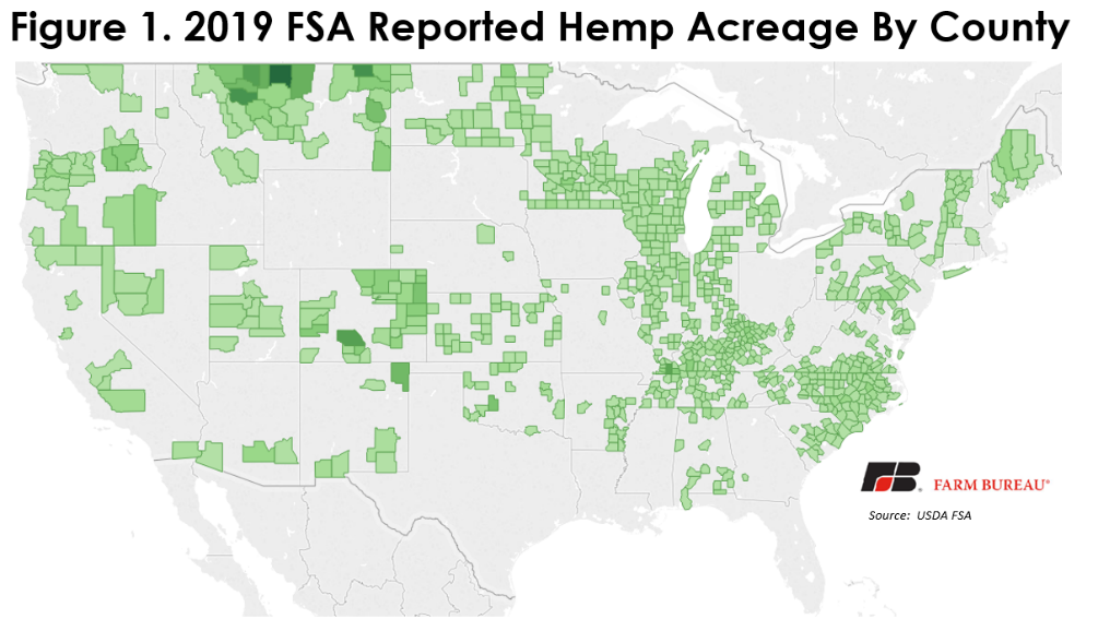 Map of 2019 FSA reported hemp acreage. USDA Farm Service Agency.
