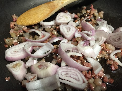 Shallot and Pancetta in Frying Pan