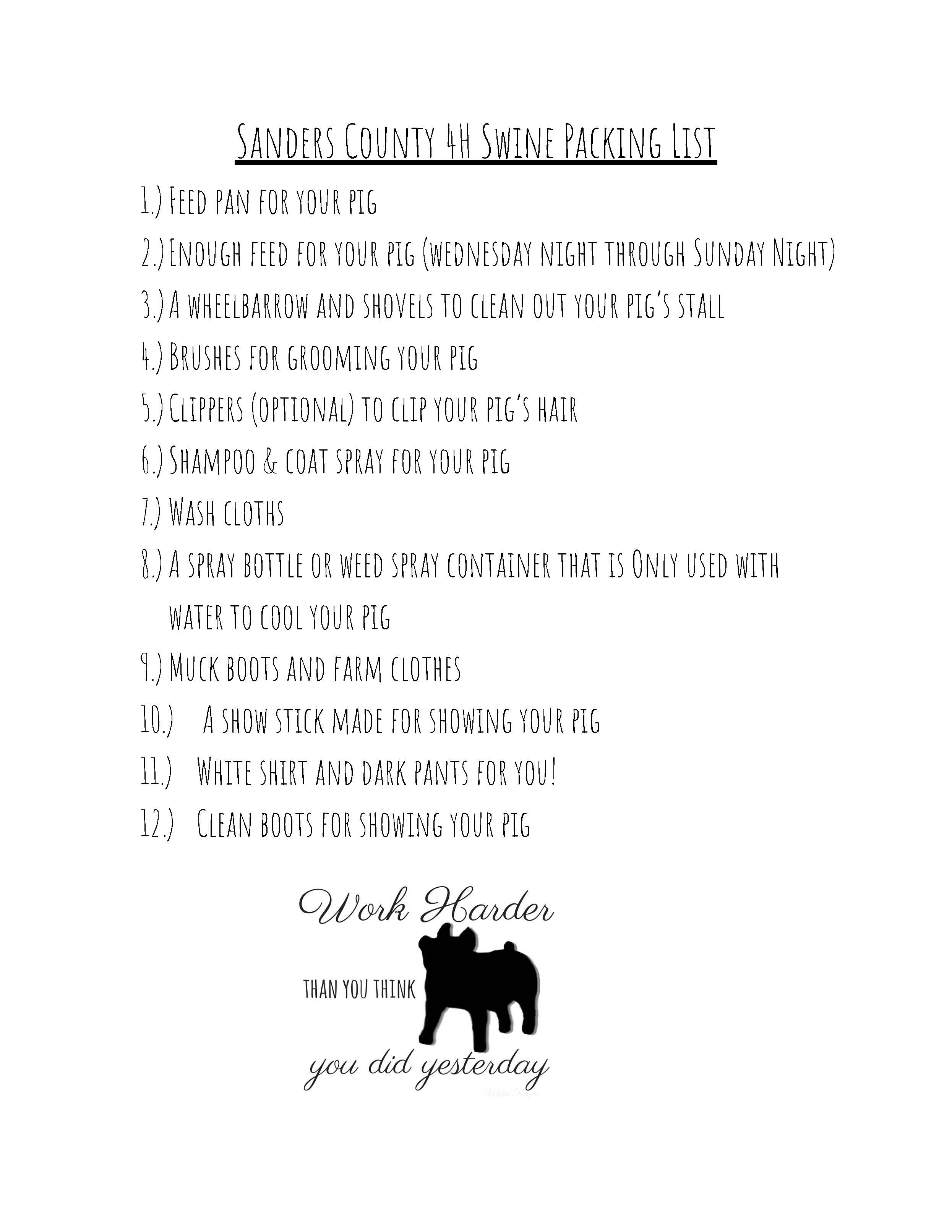 swine packing list 