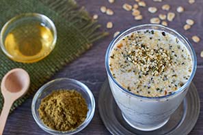 hempseed smoothie and hemp products including oil, seed powder