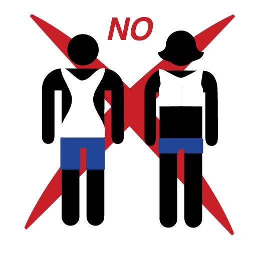 Illustration of a man and a woman wearing clothing that goes against the policy with a large red X and the word NO