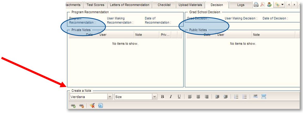 screenshot identifying private notes and public notes text box areas