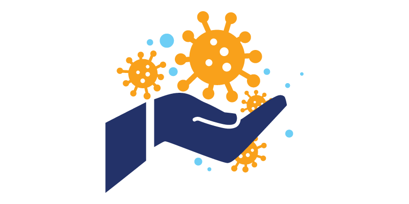 Cartoon image of a hand holding a coronavirus particle