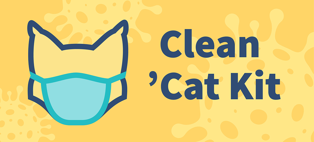 Cartoon graphic of a bobcat outline wearing a face mask next to the words Clean Cat Kit
