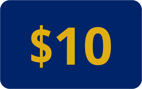 Graphic of a rounded rectangle with "$10" written inside like a gift card.