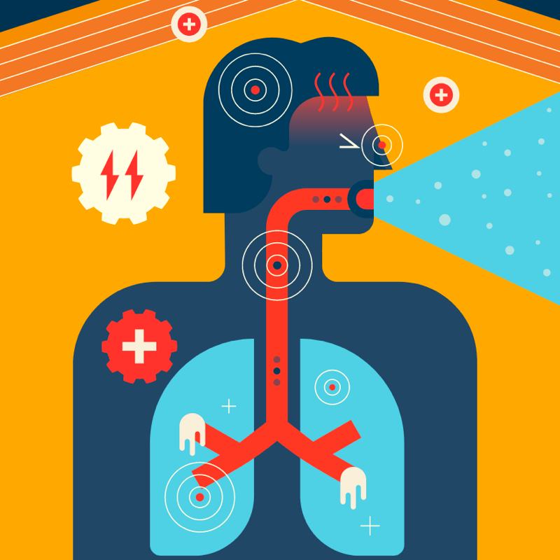 Cartoon showing a figure coughing up a respiratory virus
