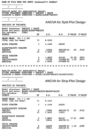 MSUSTAT output for split-plot and strip-plot designs, data from p. 326 in Statistical Methods