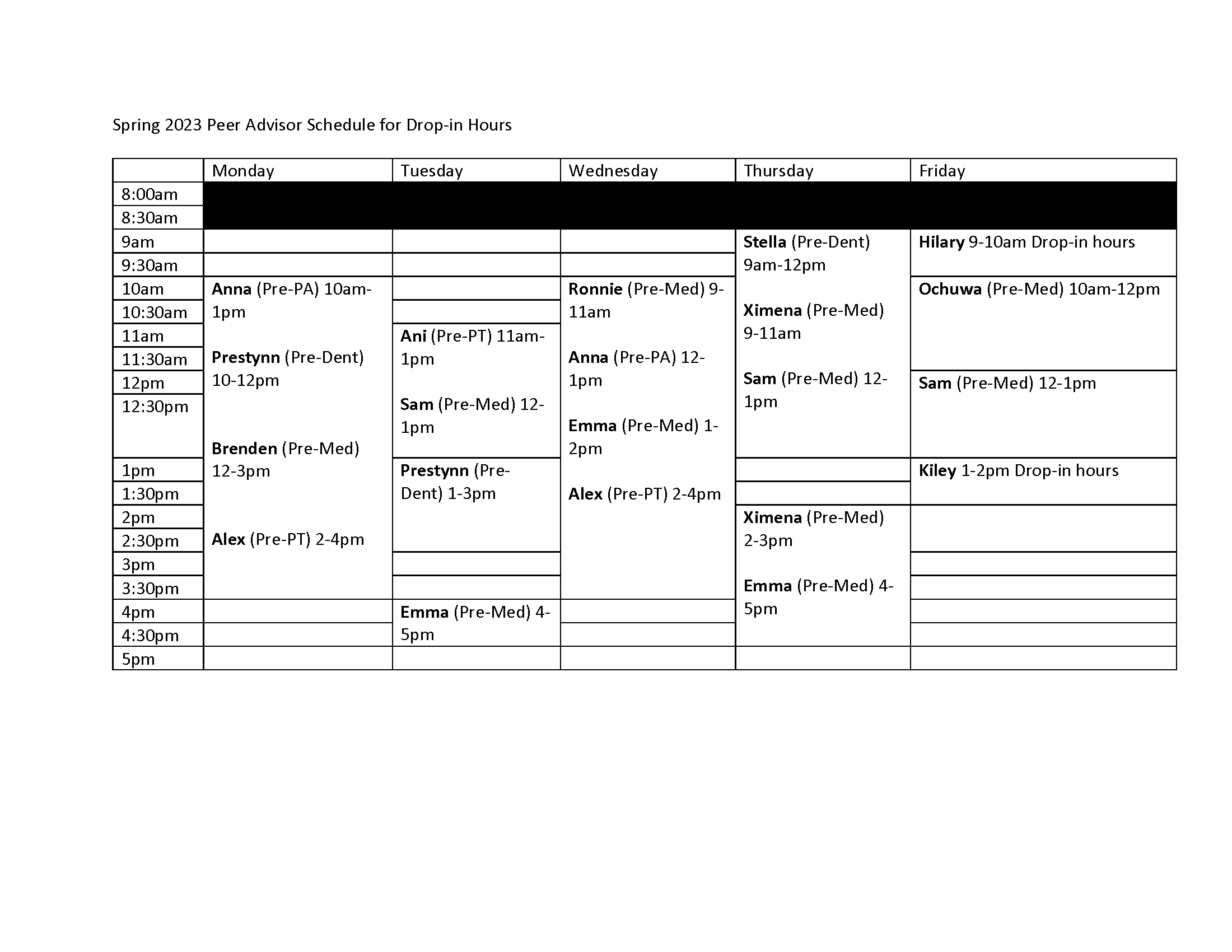 spring 2023 peer schedule