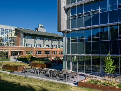 Outside of Jabs Hall in the summer at MSU.