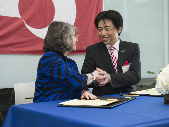 MSU president Waded Cruzado shakes hand with the president of Kumamoto University