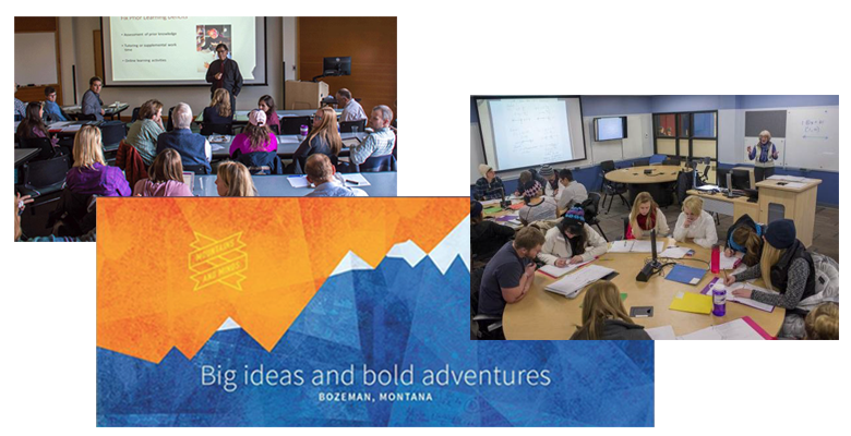 Collage of 2 pictures of classrooms with students and teacher in discussion. and a graphic of mountains.