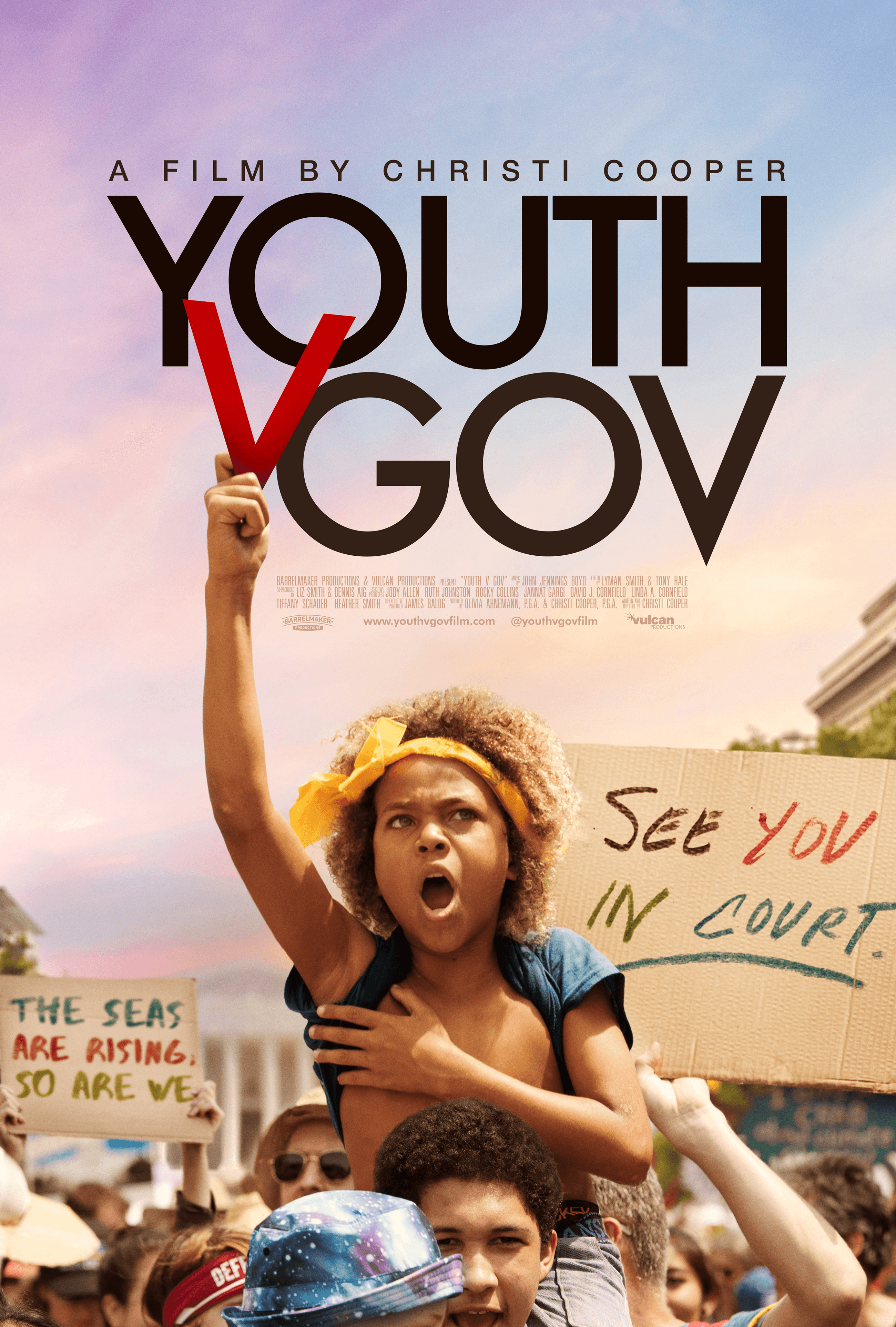Youth V Gov poster with a young girl on a teen's shoulders during a protest.