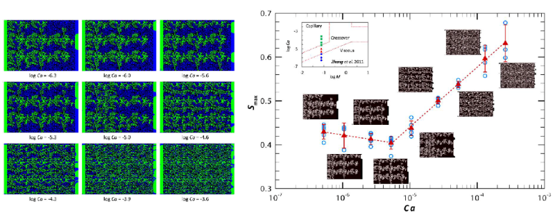 Flow patterns and regime as water is displaced by ScCO2 at various capillary numbers.
